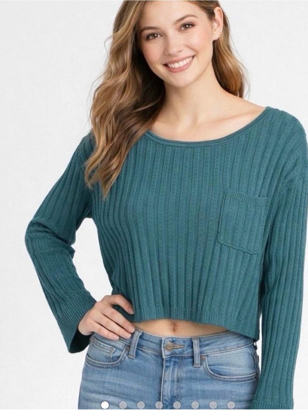 NATURAL LIFE Women’s Teal Ribbed Scoop-Neck Crop Sweater Sz S